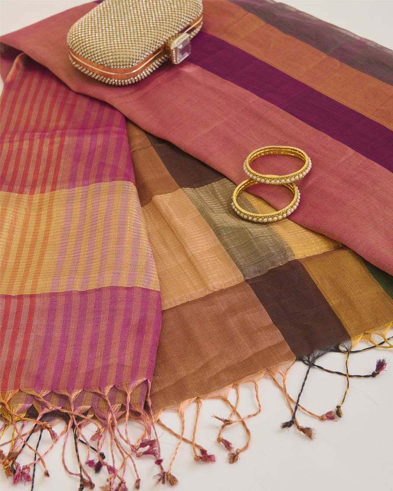 Red Silk Tissue Multi Stripes Dupatta