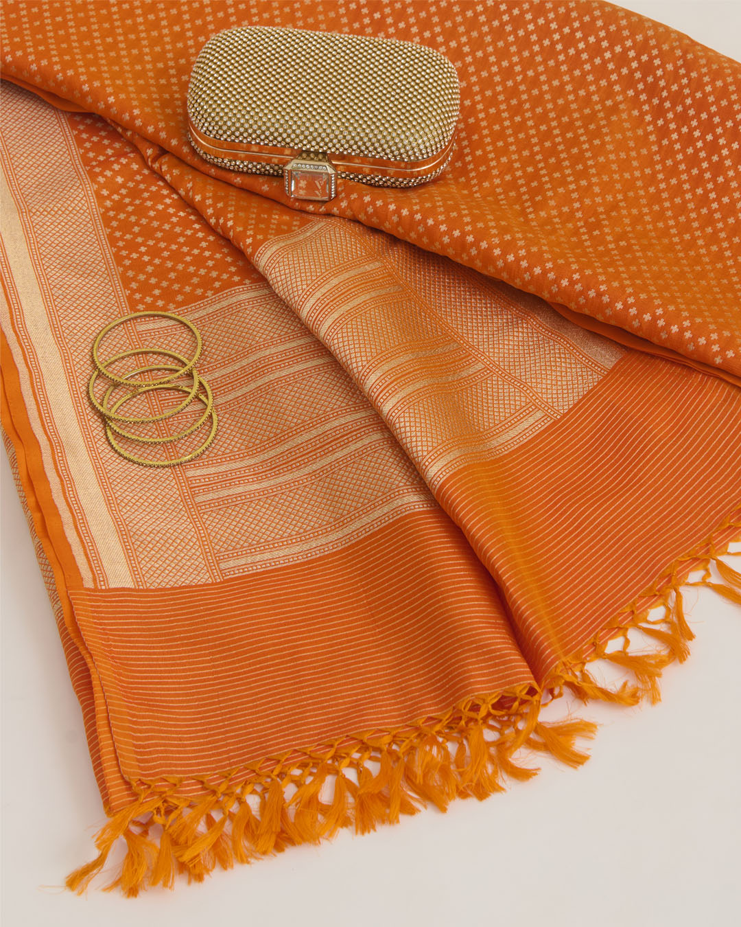 Orange Silk Hand Woven Gold Buta Dupatta