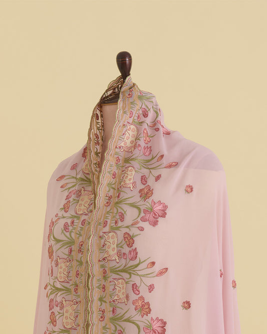 Onion Pink Semi Georgette Dupatta with Kashmiri Work