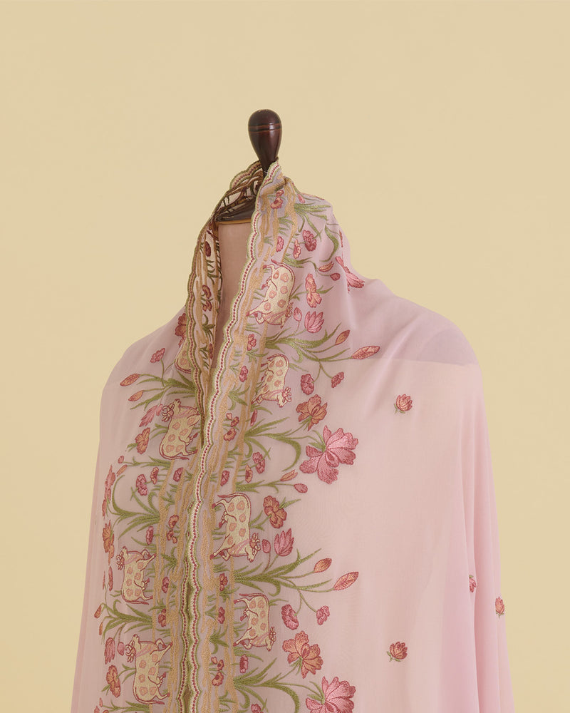 Onion Pink Semi Georgette Dupatta with Kashmiri Work