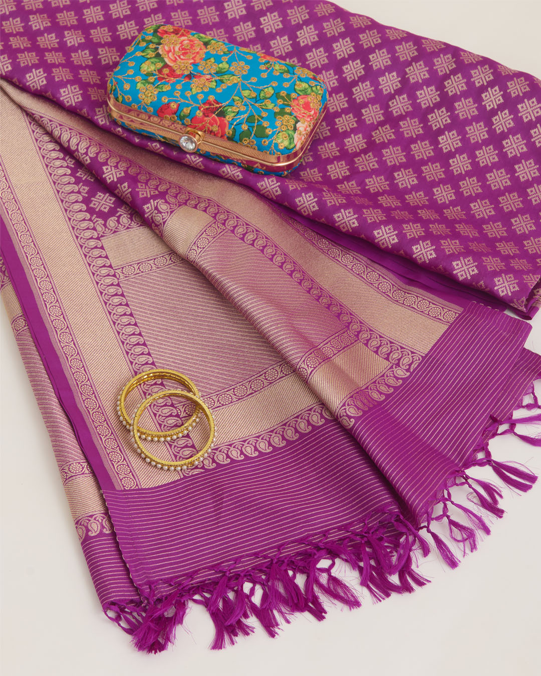Purple Silk Handwoven Gold Buta Dupatta