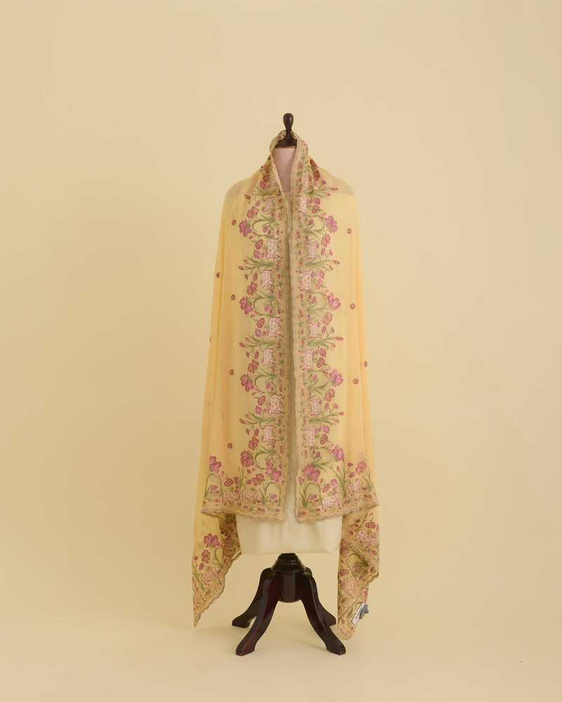 Yellow Semi Georgette Dupatta with Kashmiri Embroidery