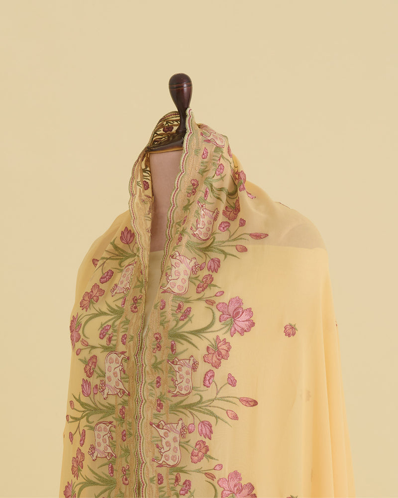 Yellow Semi Georgette Dupatta with Kashmiri Embroidery