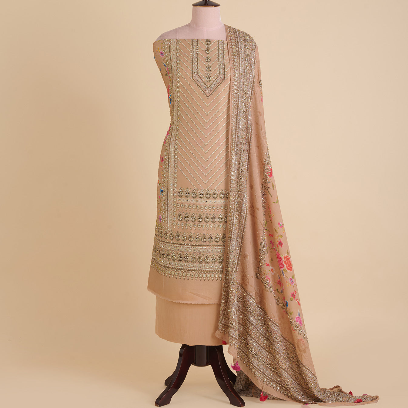 Beige Satin Printed Kurta Set with Stone Embroidery