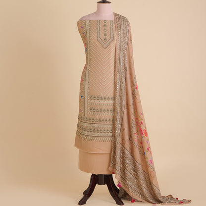 Beige Satin Printed Kurta Set with Stone Embroidery