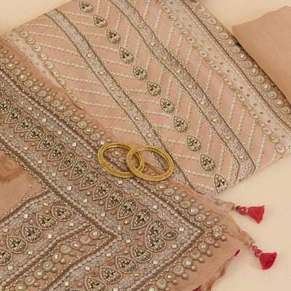 Beige Satin Printed Kurta Set with Stone Embroidery