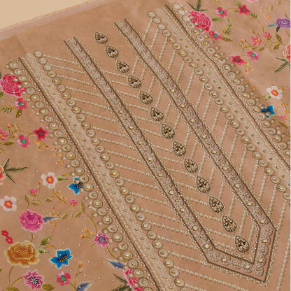 Beige Satin Printed Kurta Set with Stone Embroidery