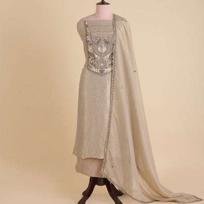 Beige Gold Silk Tissue Jacquard Kurta with Zardozi & Sequin Work