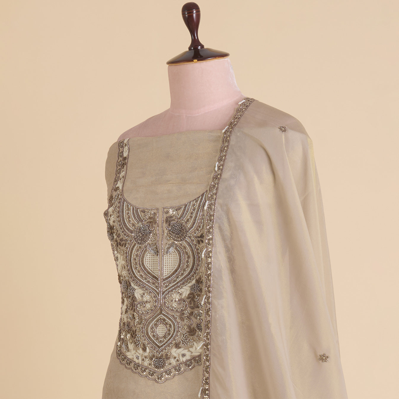 Beige Gold Silk Tissue Jacquard Kurta with Zardozi & Sequin Work