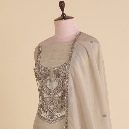 Beige Gold Silk Tissue Jacquard Kurta with Zardozi & Sequin Work
