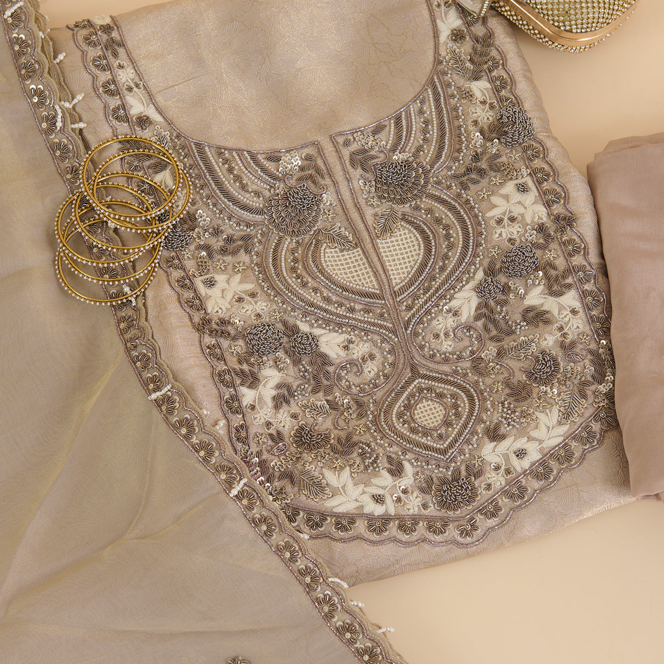 Beige Gold Silk Tissue Jacquard Kurta with Zardozi & Sequin Work