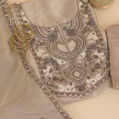 Beige Gold Silk Tissue Jacquard Kurta with Zardozi & Sequin Work