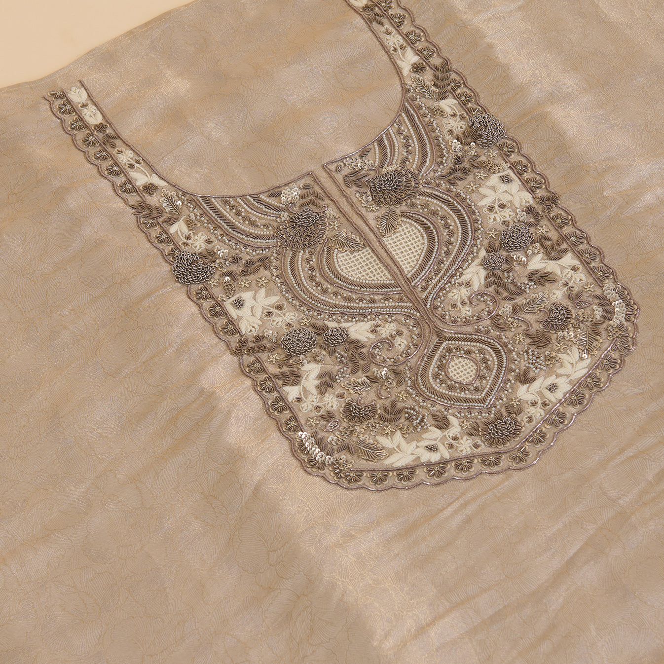 Beige Gold Silk Tissue Jacquard Kurta with Zardozi & Sequin Work