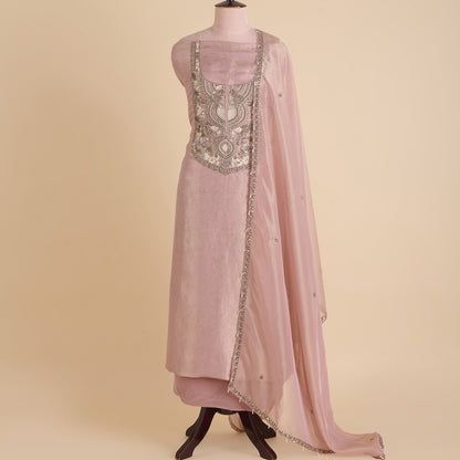 Dusty Pink Silk Tissue Jacquard Kurta Set with Zardozi Work