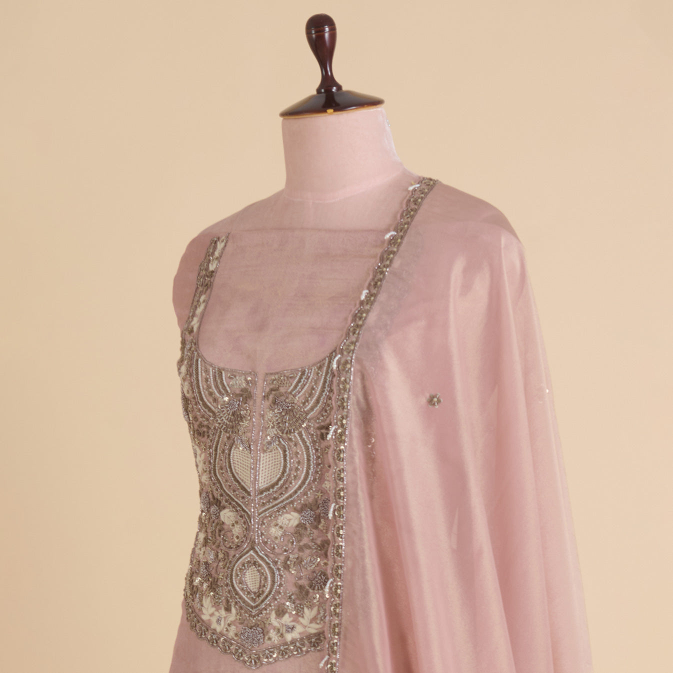 Dusty Pink Silk Tissue Jacquard Kurta Set with Zardozi Work