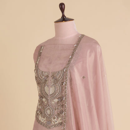 Dusty Pink Silk Tissue Jacquard Kurta Set with Zardozi Work