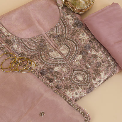 Dusty Pink Silk Tissue Jacquard Kurta Set with Zardozi Work