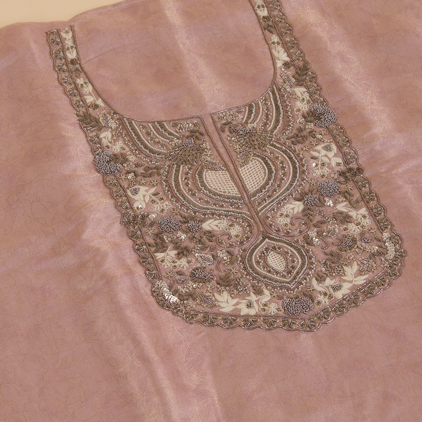 Dusty Pink Silk Tissue Jacquard Kurta Set with Zardozi Work