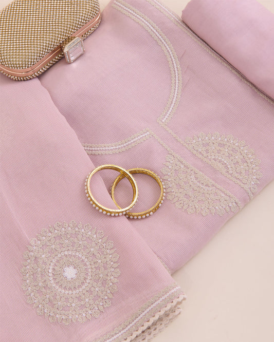 Pink Shimmer Tissue Suit with Embroidery, Zari Dupatta & Shantoon Bottom