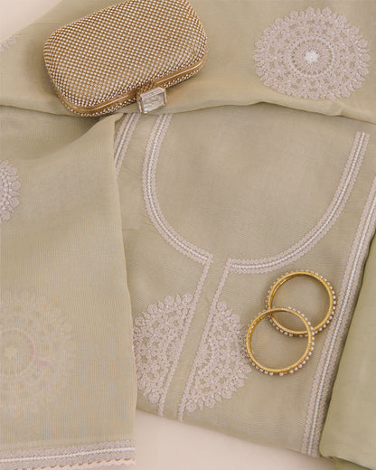 Pista Green Shimmer Tissue Suit with Embroidery & Zari Dupatta