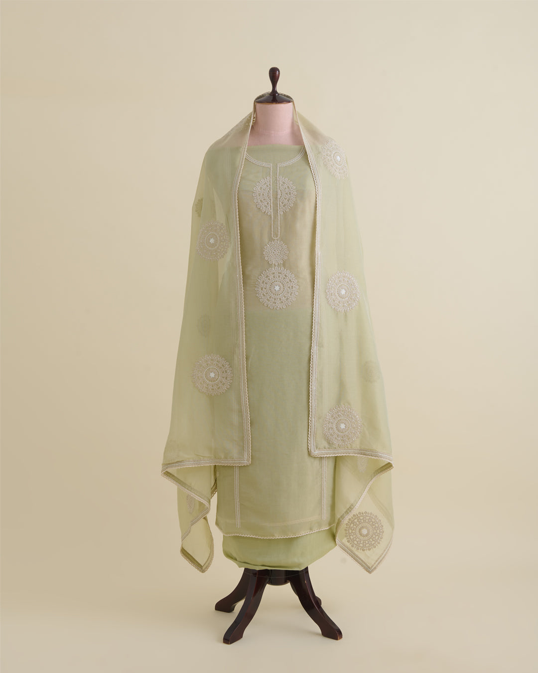 Pista Green Shimmer Tissue Suit with Embroidery & Zari Dupatta