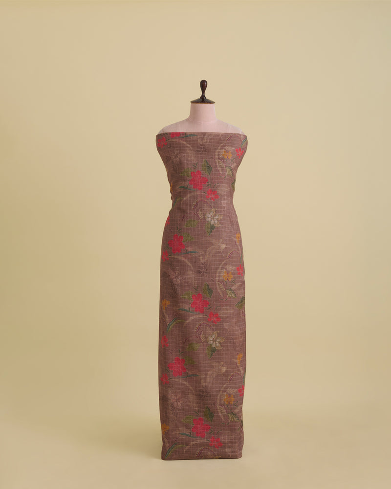 Tussar Self Checks Printed Fabric – Brown