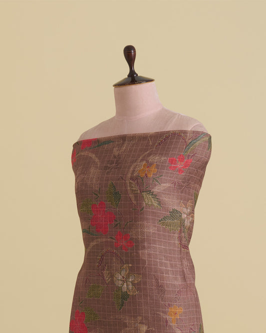 Tussar Self Checks Printed Fabric – Brown