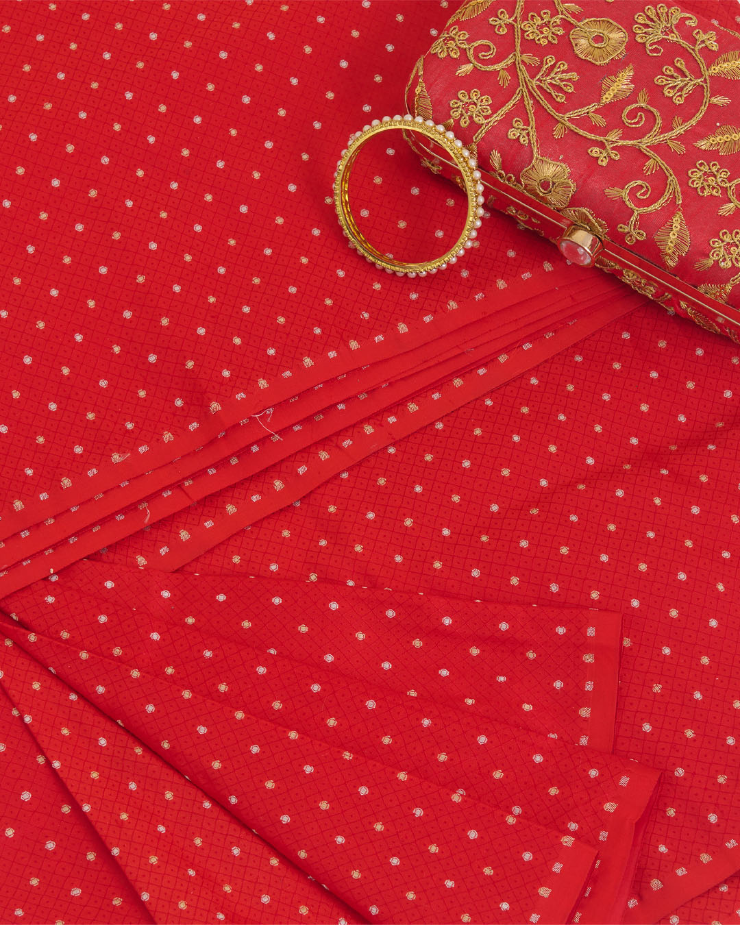 Blood Red Tanchoi Gold Silver Dots Woven