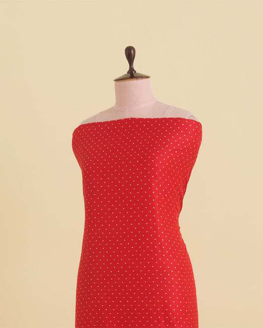 Blood Red Tanchoi Gold Silver Dots Woven
