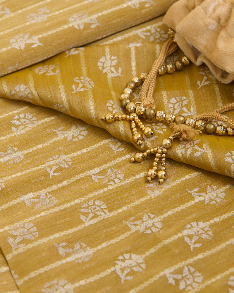 Yellow Tissue Fabric with Gold Stripes and Kadi Print