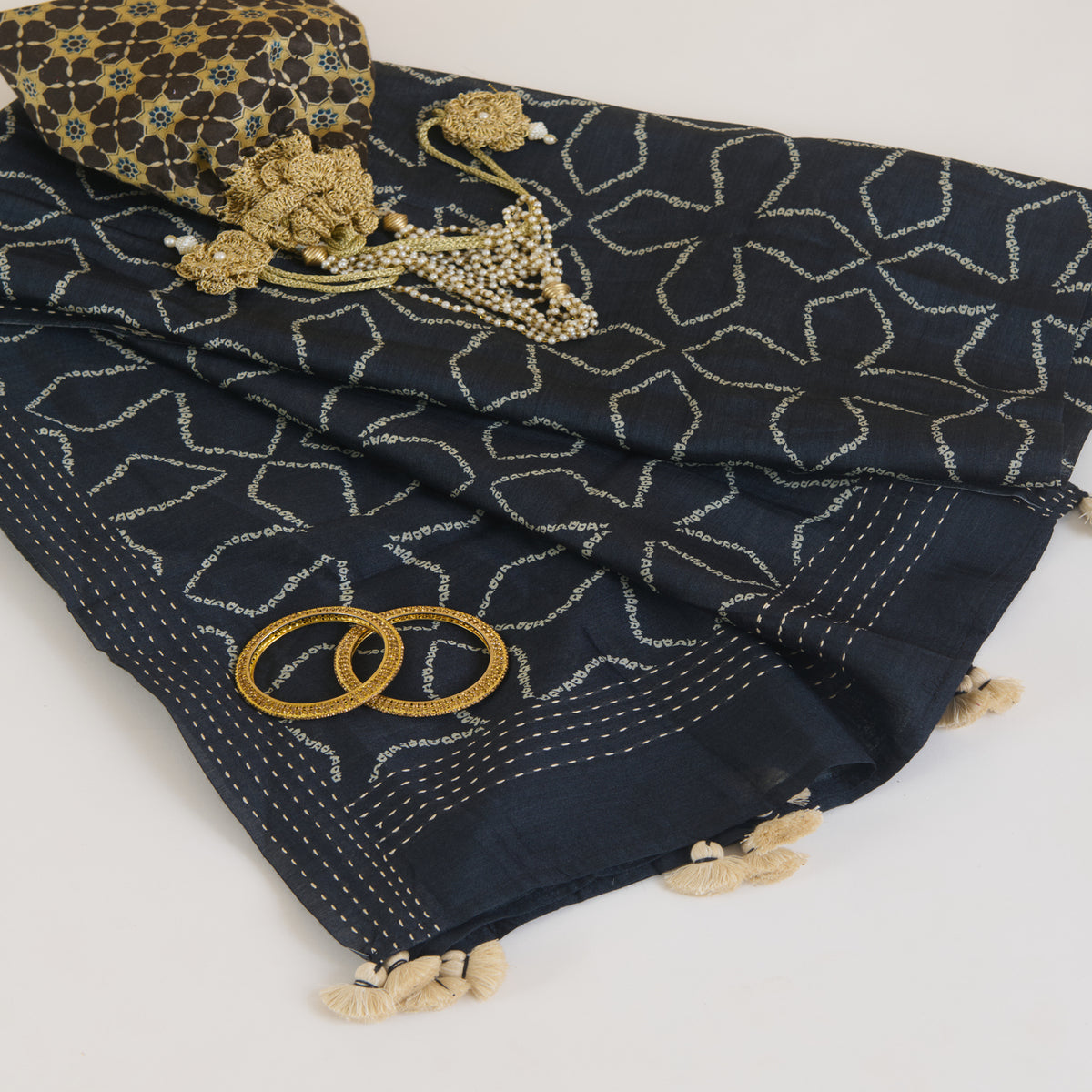 Blue Tussar Silk Printed Dupatta with Katha Work