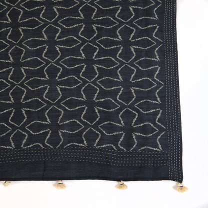 Blue Tussar Silk Printed Dupatta with Katha Work