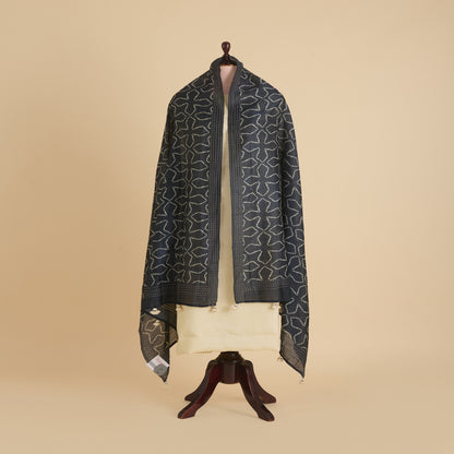 Blue Tussar Silk Printed Dupatta with Katha Work