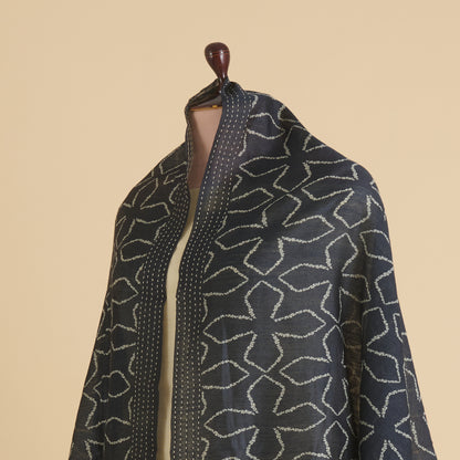 Blue Tussar Silk Printed Dupatta with Katha Work