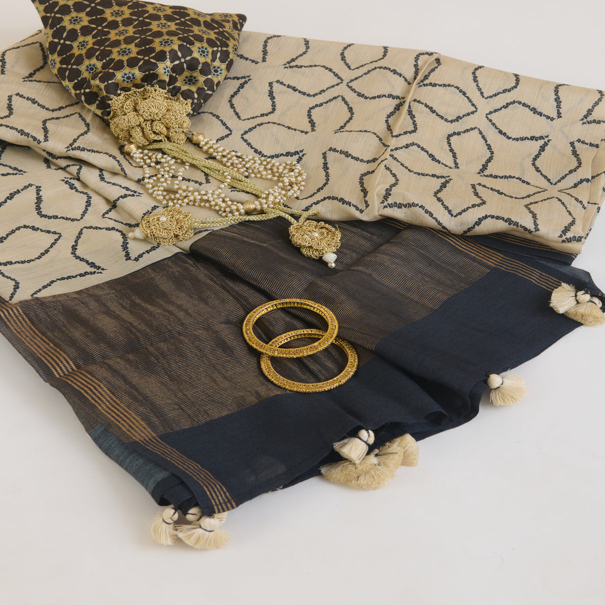 Beige Blue Tussar Silk Printed Dupatta