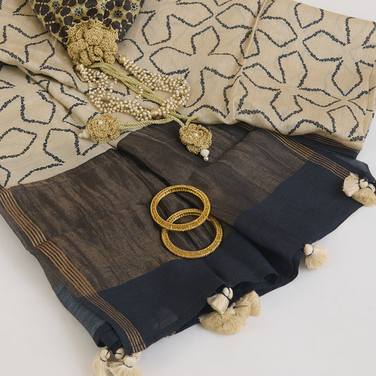 Beige Blue Tussar Silk Printed Dupatta
