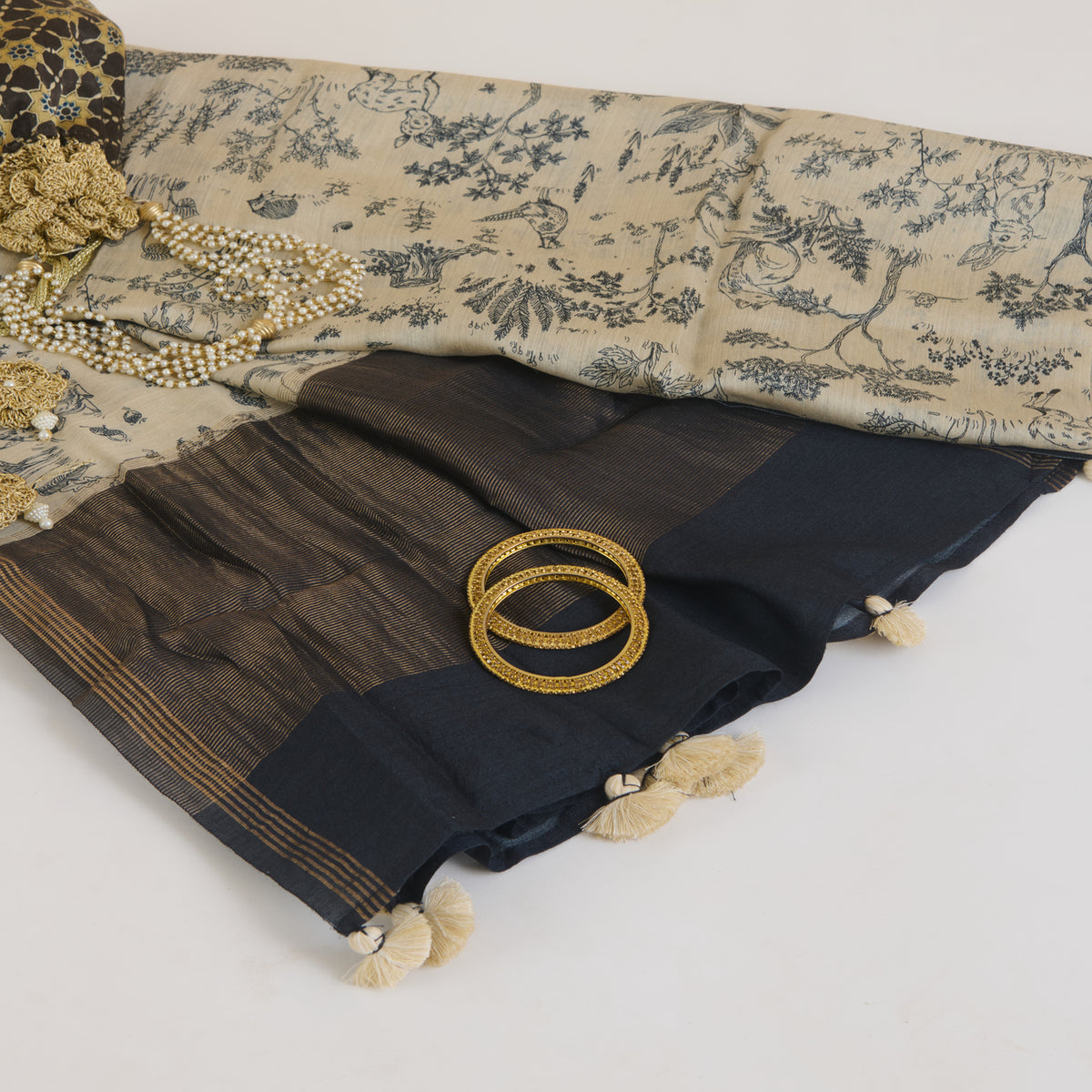 Beige Blue Tussar Silk Printed Dupatta
