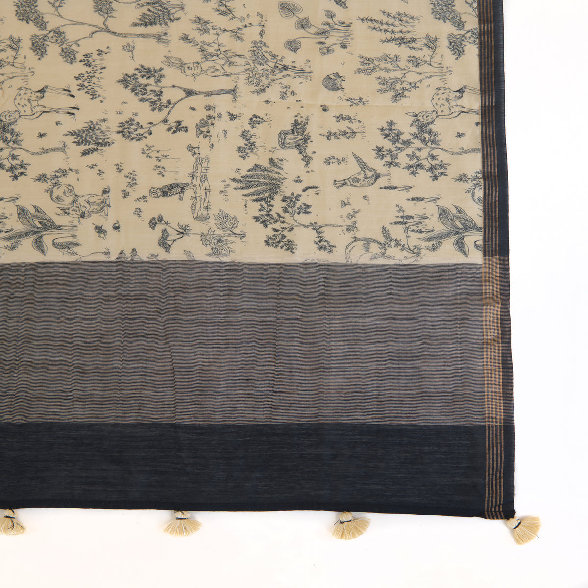 Beige Blue Tussar Silk Printed Dupatta