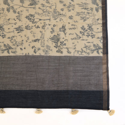 Beige Blue Tussar Silk Printed Dupatta