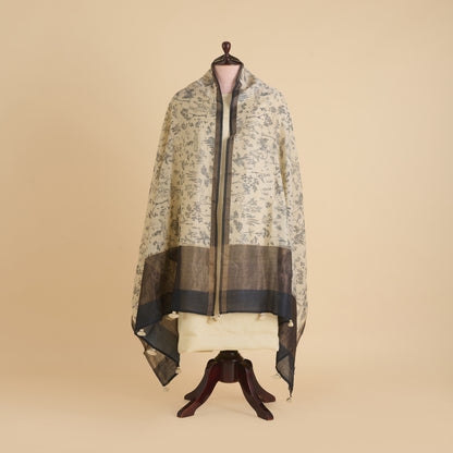 Beige Blue Tussar Silk Printed Dupatta