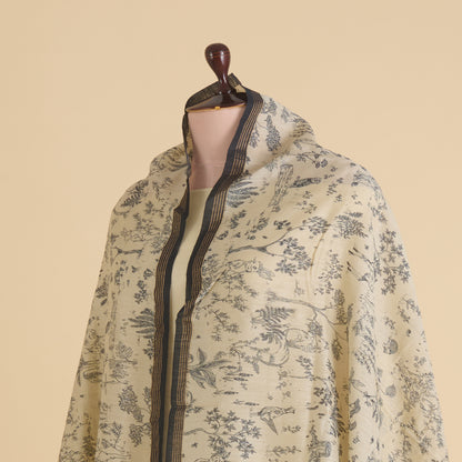 Beige Blue Tussar Silk Printed Dupatta