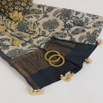 Beige & Blue Printed Tussar Silk Dupatta
