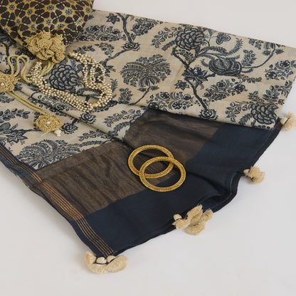 Beige & Blue Printed Tussar Silk Dupatta