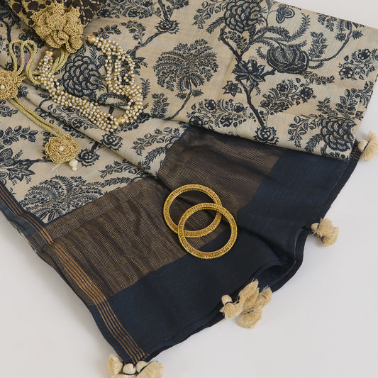 Beige & Blue Printed Tussar Silk Dupatta