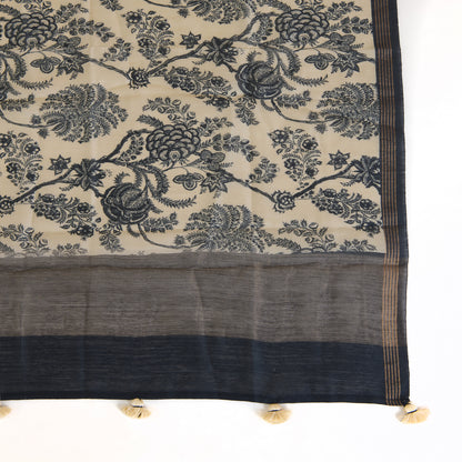 Beige & Blue Printed Tussar Silk Dupatta