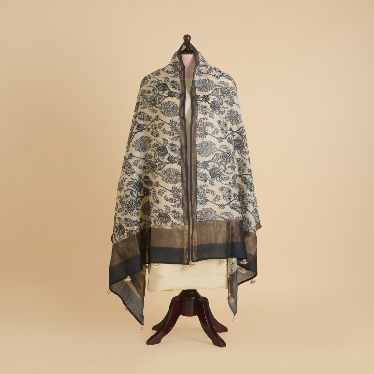Beige & Blue Printed Tussar Silk Dupatta