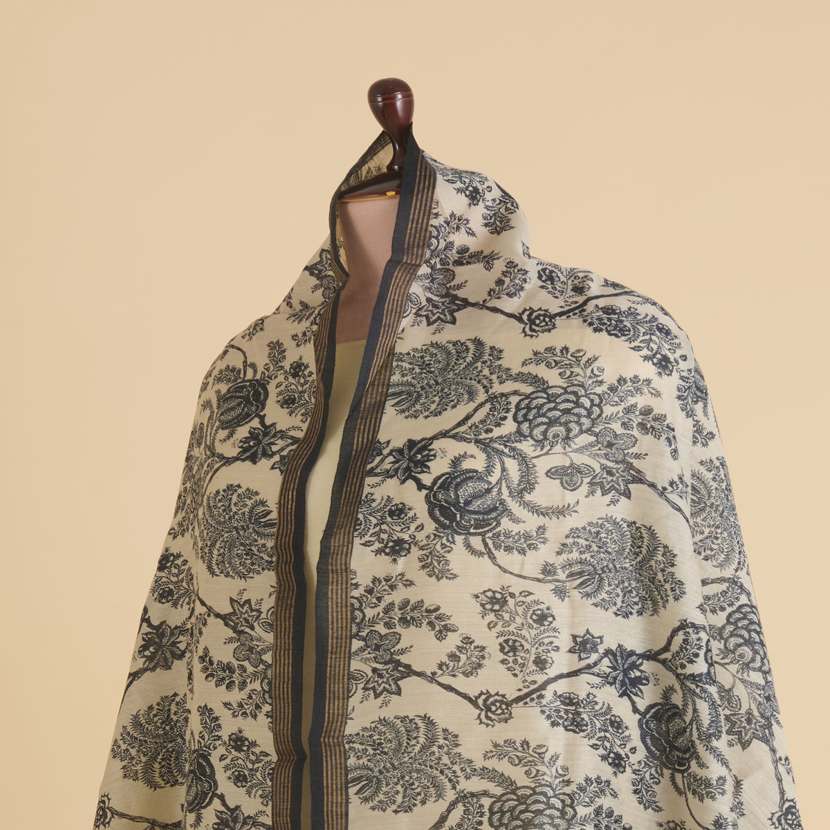Beige & Blue Printed Tussar Silk Dupatta