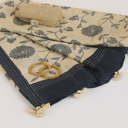 Beige Blue Tussar Silk Printed Dupatta with Katha Work