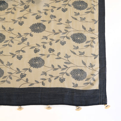 Beige Blue Tussar Silk Printed Dupatta with Katha Work
