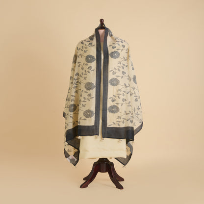 Beige Blue Tussar Silk Printed Dupatta with Katha Work